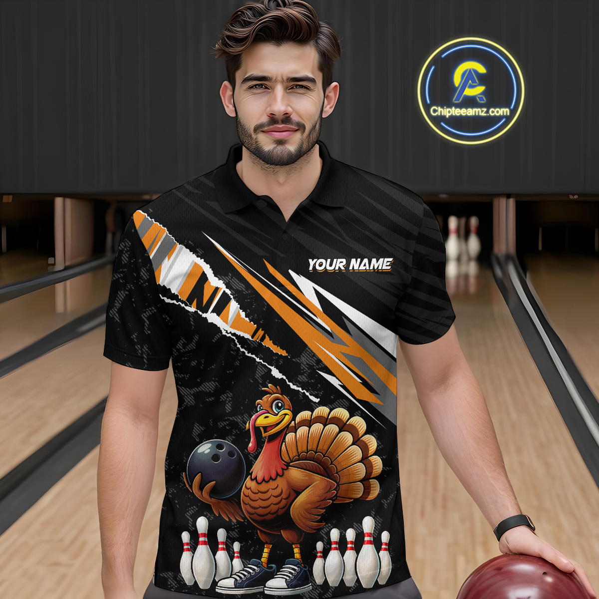Custom Orange Funny Turkey Bowling Jersey for Men Thanksgiving Bowling Shirts Polo & 1/4 Zip HNT117