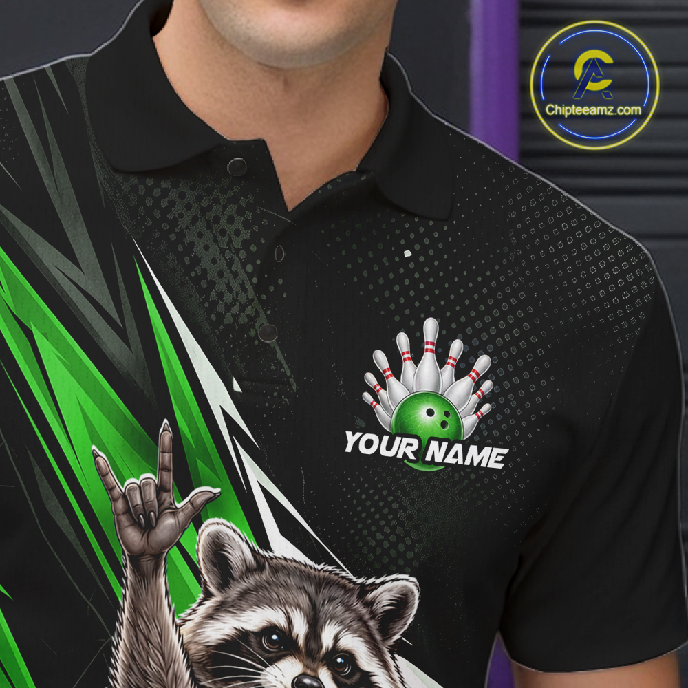Custom Green Raccoon Bowling Jersey for Men Bowling Team Shirts Bowling Polo & 1/4 Zip HNT254