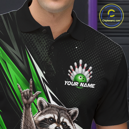 Custom Green Raccoon Bowling Jersey for Men Bowling Team Shirts Bowling Polo & 1/4 Zip HNT254