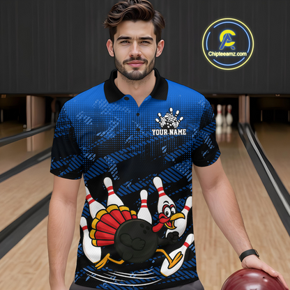 Custom Blue Funny Turkey Bowling Jersey for Men Thanksgiving Bowling Team Shirts Polo & 1/4 Zip HNT125