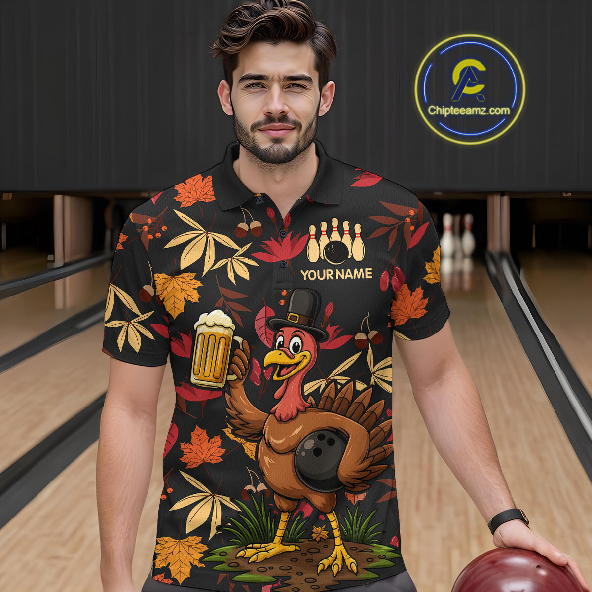 Funny Turkey Bowling Beer Thanksgiving pattern Custom Team bowling jerseys men, bowling gifts for men NQS10963