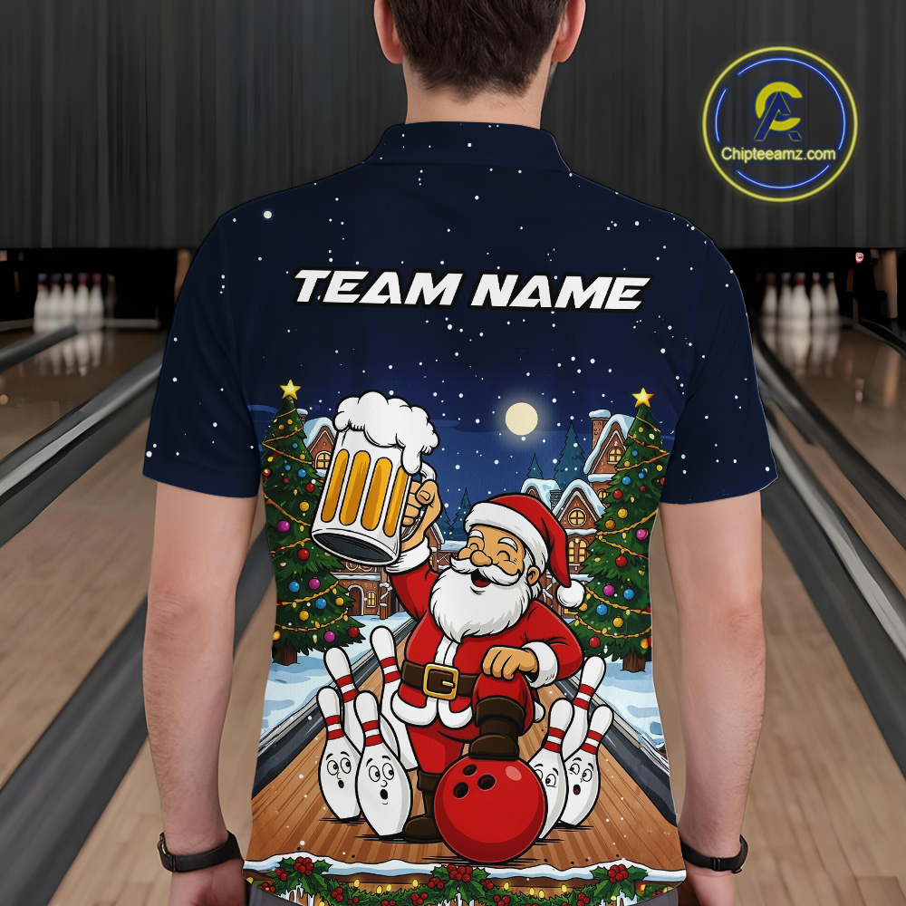 Custom Funny Beer Santa Christmas Bowling Jersey for Men Bowling Team Shirts Polo & 1/4 Zip HNT140