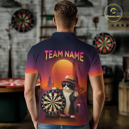 Funny Cat Retro Dart Shirts For Men Custom Dart Board Shirts Polo & 1/4 Zip Dart Jersey Team NNT124