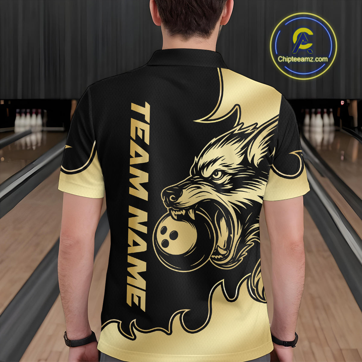 Gold Wolf Bowling Shirts for Team Women Men Custom Wolf Bowling Polo & Quarter Zip MBL194