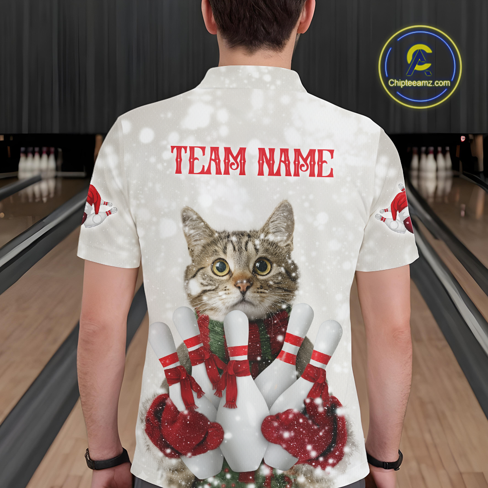 Custom Funny Cat Christmas Bowling Jersey for Men Polo & 1/4 Zip Bowling Team Shirts HNT145