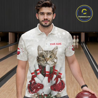 Custom Funny Cat Christmas Bowling Jersey for Men Polo & 1/4 Zip Bowling Team Shirts HNT145