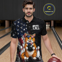 Load image into Gallery viewer, Custom US Flag Cat Bowling Shirt for Men Bowling League Patriotic Bowling Team Shirts HNT335