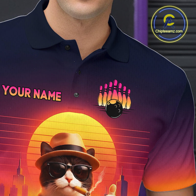 Custom Beer Cat Retro Bowling Shirt for Men Cat Funny Beer Bowling Team Jersey Polo &1/4 Zip HNT275