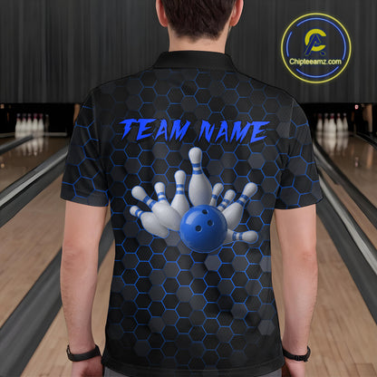 Custom Strike Blue Bowling Men Bowling Shirt Polo & Quarter-Zip Bowling Team Jerseys HNT79