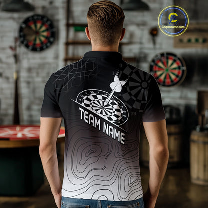 Men's Custom Dart Shirt, Darts Hitting The Bullseye With Black-To-White Gradient NYN0249