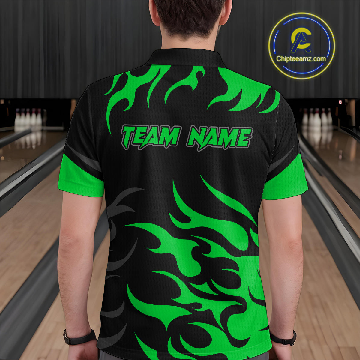 Black and Green Flame Bowling shirts for Men Custom team bowling jerseys, mens bowling apparel NQS10268