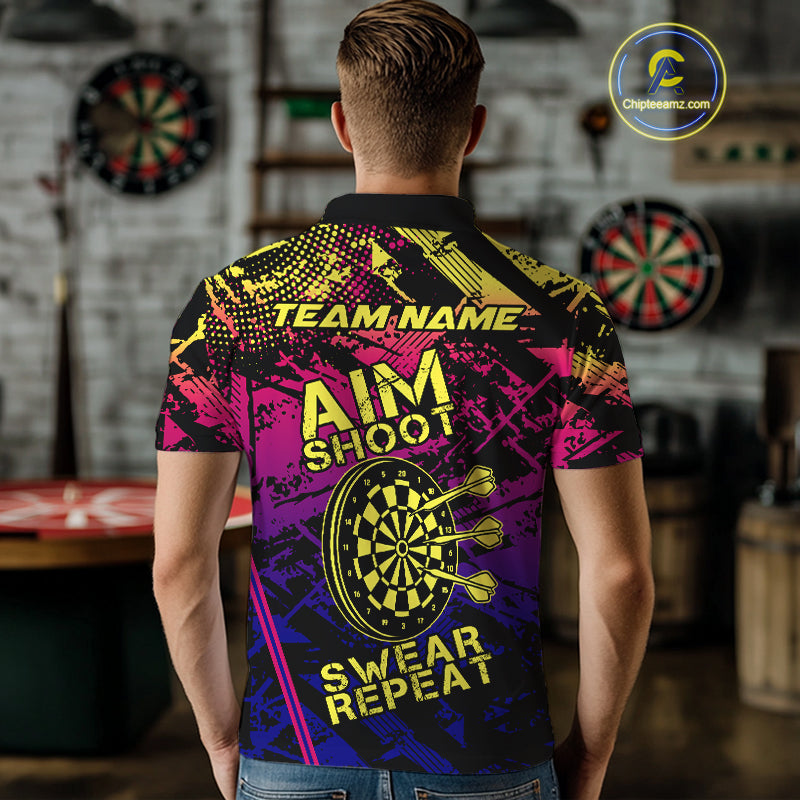 Purple Pink Yellow Grunge Aim Shoot Swear Repeat Dart Shirt For Men Custom Funny Darts Team Jersey TDM4034