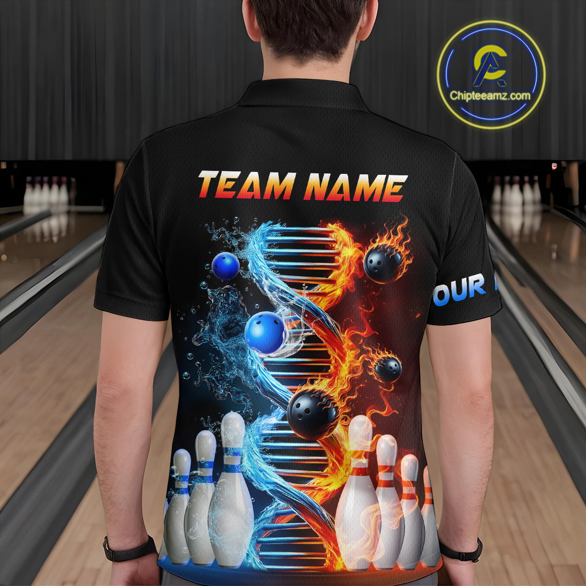 Man wearing custom ice and fire DNA bowling polo shirt, back view mockup, personalized bowling league jersey.