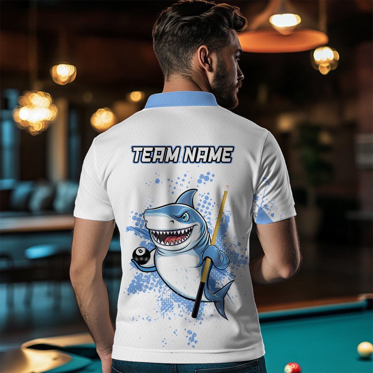 Personalized Blue Shark Billiard Team Jerseys Billiard Shirts for Men Polo & 1/4 Zip Shirts NNT39