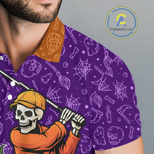 Load image into Gallery viewer, Halloween Skull Playing Golf Mens Golf Polo Shirt Custom Halloween golf outfit For Men Golf Gifts NQS10340