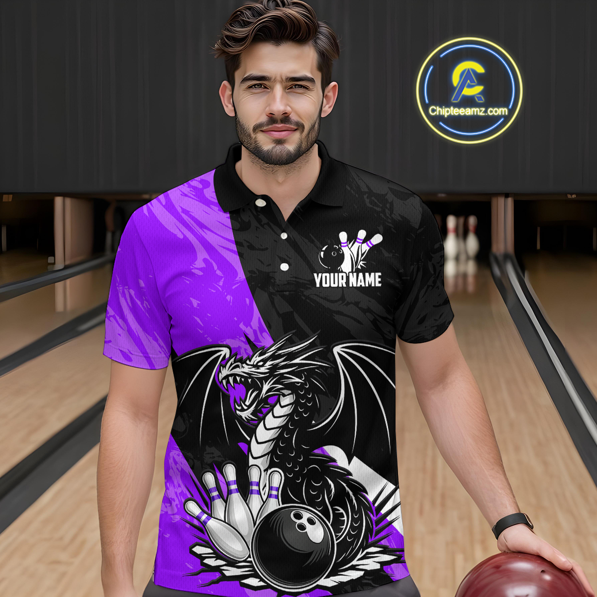 Custom Purple Dragon Bowling Men Shirts Bowling Uniform Polo & 1/4 Zip Bowling Team Jerseys HNT103