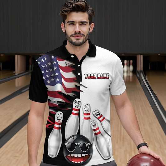 US Flag Bowling Shirt Funny Black & White Bowling Jersey Men Polo Performance Bowling Shirt QZT263