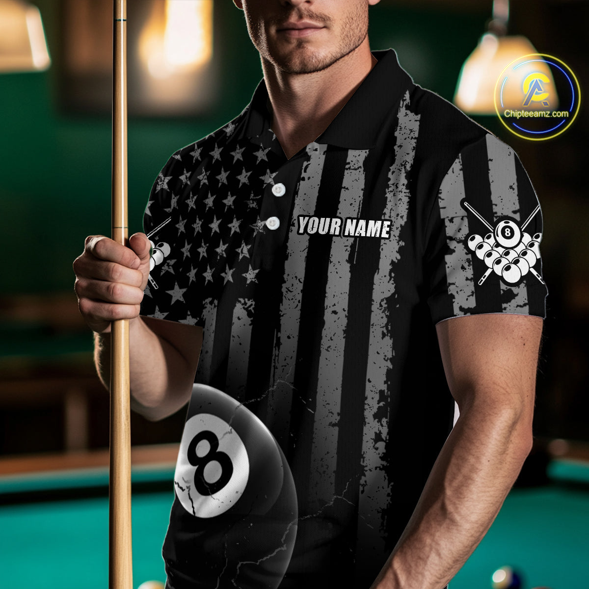Custom American Flag 8 Ball Billiard Shirts for Men, Billiard Team Polo & 1/4 Zip Shirts NNT64