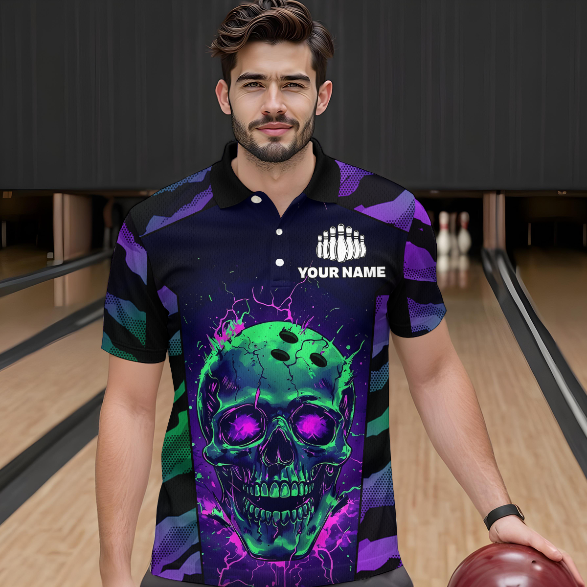 Black & Purple Skull Bowling Jersey Custom Polo Bowling Team Shirt for Men Women QZT675