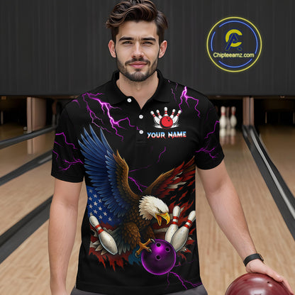 Purple Thunder US Flag Eagle Bowling Shirts for Men Team Bowling Polo & Quarter-Zip HNT96