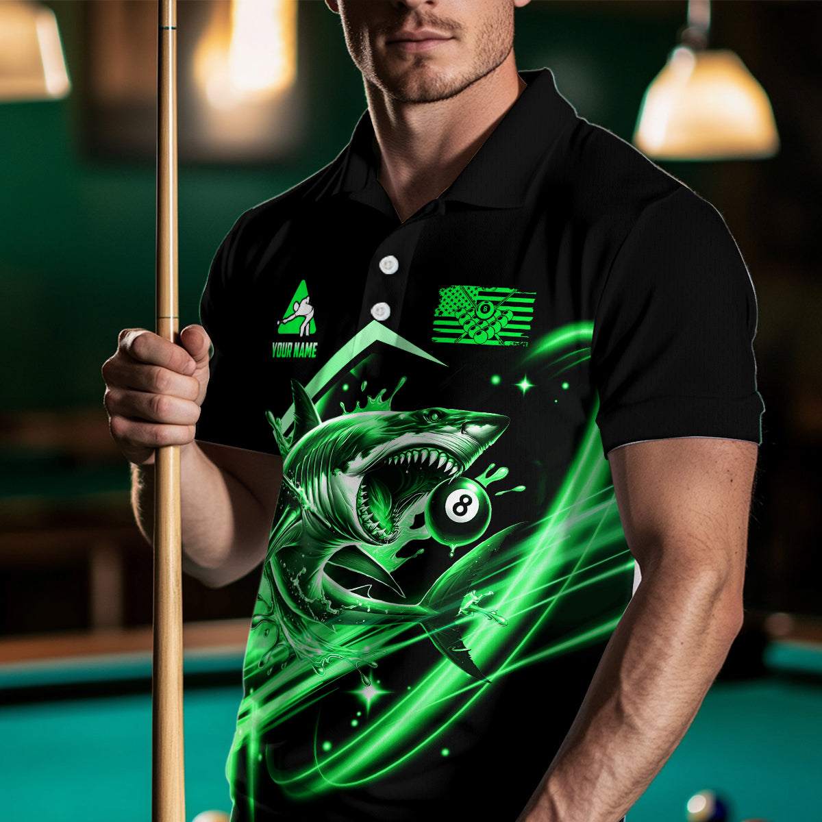 Green 8 Ball Pool Billiard Shark Polo & Quarter Zip For Men Custom Team League Billiard Jersey TDM3732