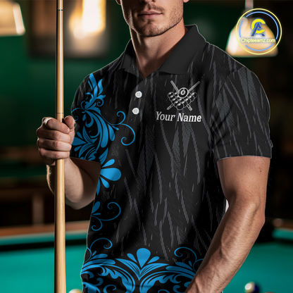 Custom Blue Baroque Pattern Ball Pool Billiard Shirts for Men Team Polo & 1/4 Zip Shirts NNT60