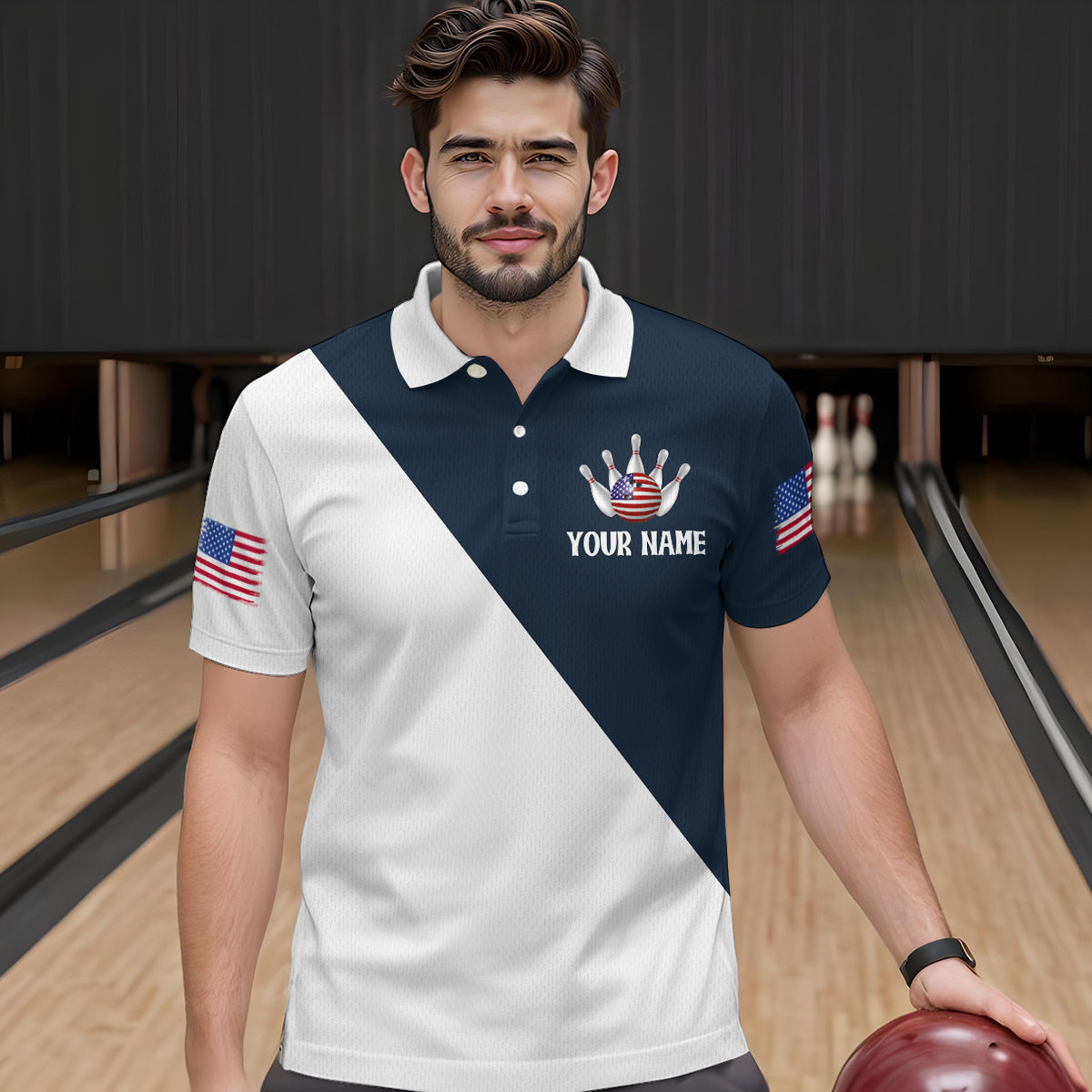 American Flag Bowling Shirts Blue&White Bowling Jersey for Men Women Bowling Jersey MBL34