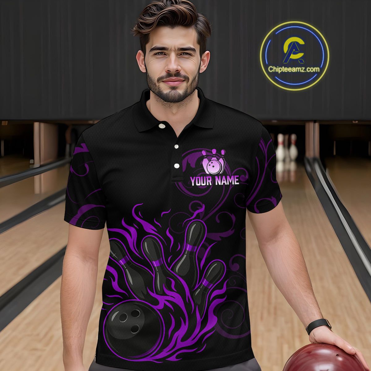 Black And Purple Flame Custom Dragon Bowling Team Shirts For Men, Bowling Uniform Outfit NQS9963