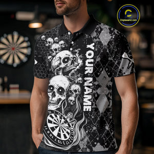 Black Grey Grunge Argyle Skull Dart Shirts Custom Men's Dart Jerseys Team Polo & Quarter Zip TDM3836