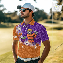 Load image into Gallery viewer, Halloween Skull Playing Golf Mens Golf Polo Shirt Custom Halloween golf outfit For Men Golf Gifts NQS10340