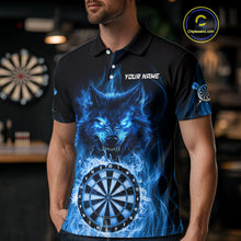 Load image into Gallery viewer, Custom Wolf Dart Shirts For Men – Fire Flame Dartboard Darts Team Jerseys Polo &amp; Quarter Zip |Blue TDM4043