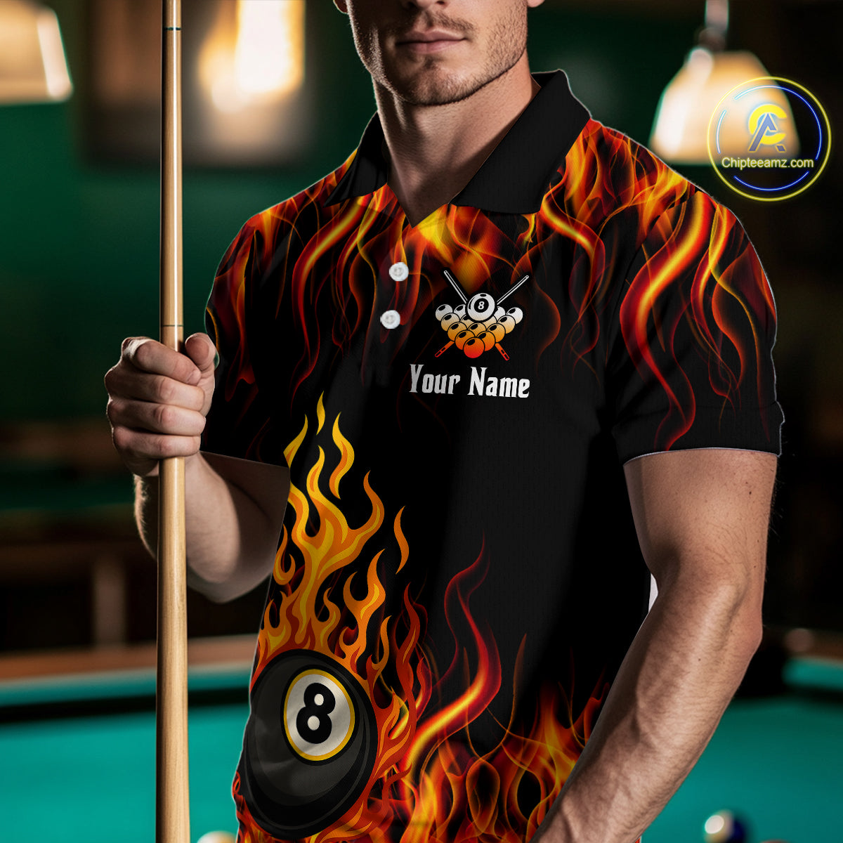 Billiard Fire 8 Ball Flame Custom Men's Billiard Shirts, Billiard Team Pool Jerseys |Orange TDM4011