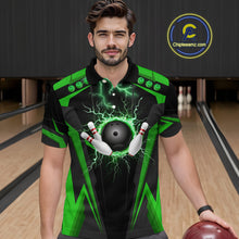 Load image into Gallery viewer, Black Men bowling Polo, Quarter Zip shirt Custom lightning thunder team league bowling jersey | Green NQS10374