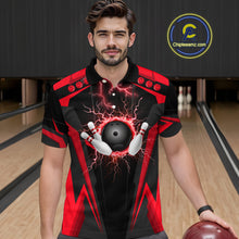 Load image into Gallery viewer, Black Mens bowling Polo, Quarter Zip shirt Custom lightning thunder team league bowling jerseys | Red NQS10373