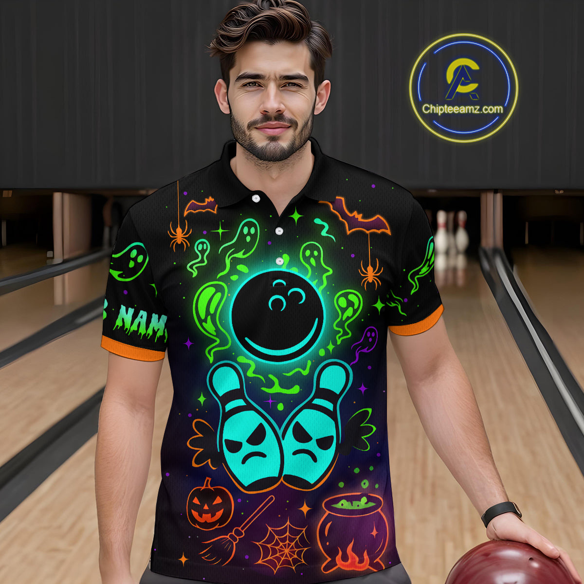 Custom Neon Bowling Team Shirt Halloween Polo & Quarter-Zip Bowling Jersey for Men QZT731