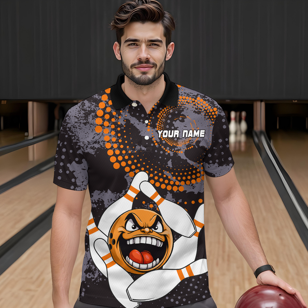 Orange Camo Bowling Shirt Funny Bowling Team Jersey for Men Polo Bowling Shirt QZT255