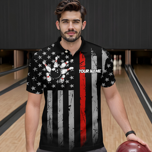 US Red Flag Bowling Shirt for Men Custom Name Polo & Quarter-Zip Bowling Jersey Bowling Team Shirt HNT23