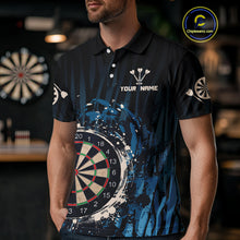 Load image into Gallery viewer, Men’s Custom Darts Team Shirt With Blue Splashed Art, Black Stripes And Dartboard NYN0255