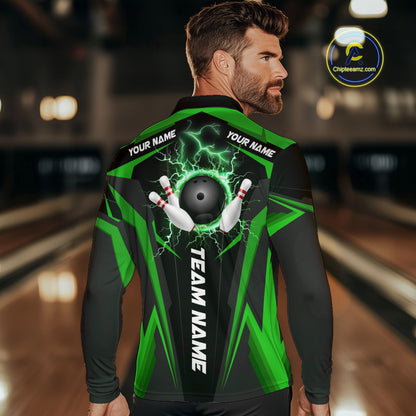 Black Men bowling Polo, Quarter Zip shirt Custom lightning thunder team league bowling jersey | Green NQS10374