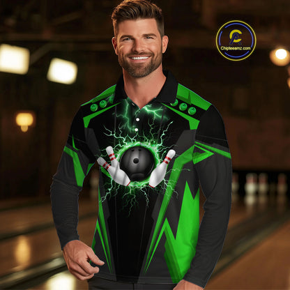 Black Men bowling Polo, Quarter Zip shirt Custom lightning thunder team league bowling jersey | Green NQS10374
