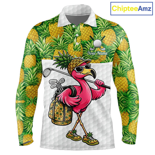 Golfing Flamingo Mens Funny Golf Polo Shirt Custom Yellow Pattern Pineapple Golf Ball Clothes Shirts NHT739