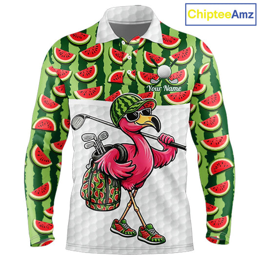 Golfing Flamingo Mens Funny Golf Polo Shirt Custom Green Pattern Watermelon Golf Ball Clothes Shirts NHT740