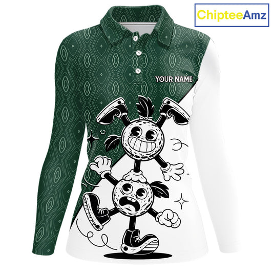 Green White Funny Golf Ball Pattern Womens Golf Polo Shirts Custom Golf Outfits Ladies, Green Golf Tops NHT784