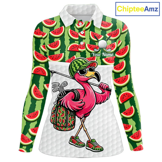 Golfing Flamingo Womens Funny Golf Polo Shirt Custom Green Pattern Watermelon Golf Ball Clothes Shirts NHT740