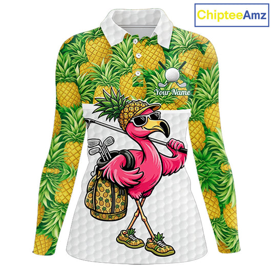 Golfing Flamingo Womens Funny Golf Polo Shirt Custom Yellow Pattern Pineapple Golf Ball Clothes Shirts NHT739