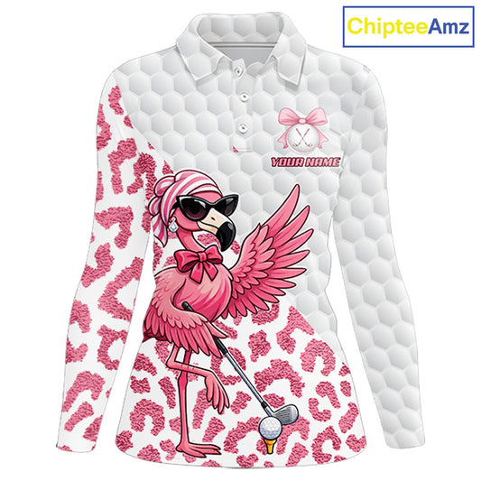 Pink Flamingo Golf Shirt For Women, Funny Leopard Patten Golf Polo Shirt, Ladies Golf Outfit For Team NHT732