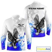 Load image into Gallery viewer, Mens Long Sleeve Golf Polo Shirt Custom Eagle Blue Flame Golf Tops, White Golf Outfit For Men NHN0070