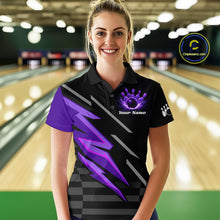 Load image into Gallery viewer, Black and Purple Lightning Bowling Polo, 1/4 Zip Shirt for Women Custom Bowling Team League Jersey NQS10907