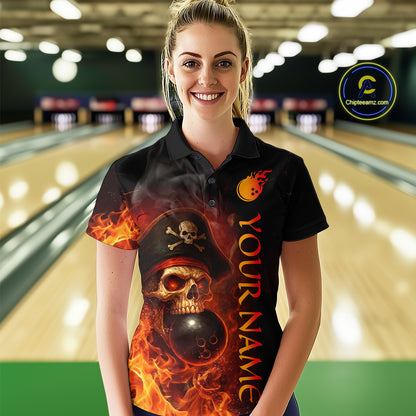 Orange Flame Pirate Skull Bowling Team Shirt for Women Bowling League Jersey Polo Bowling Outfit QZT763