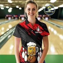 Load image into Gallery viewer, Custom Red Funny Beer Bowling Jersey for Women Bowling Uniform Polo &amp; 1/4 Zip Bowling Team Shirts HNT107